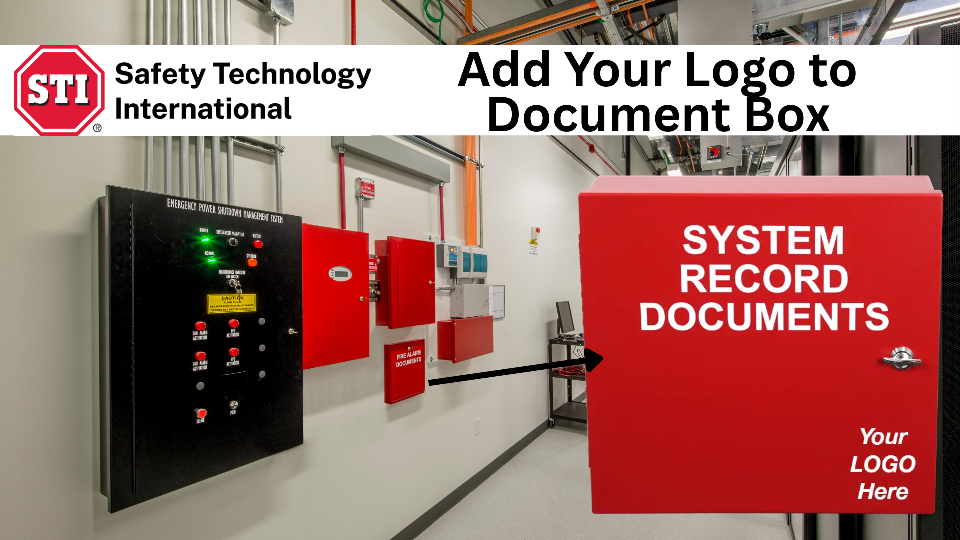 Customizable STI Doc Box with space for fire alarm company logo