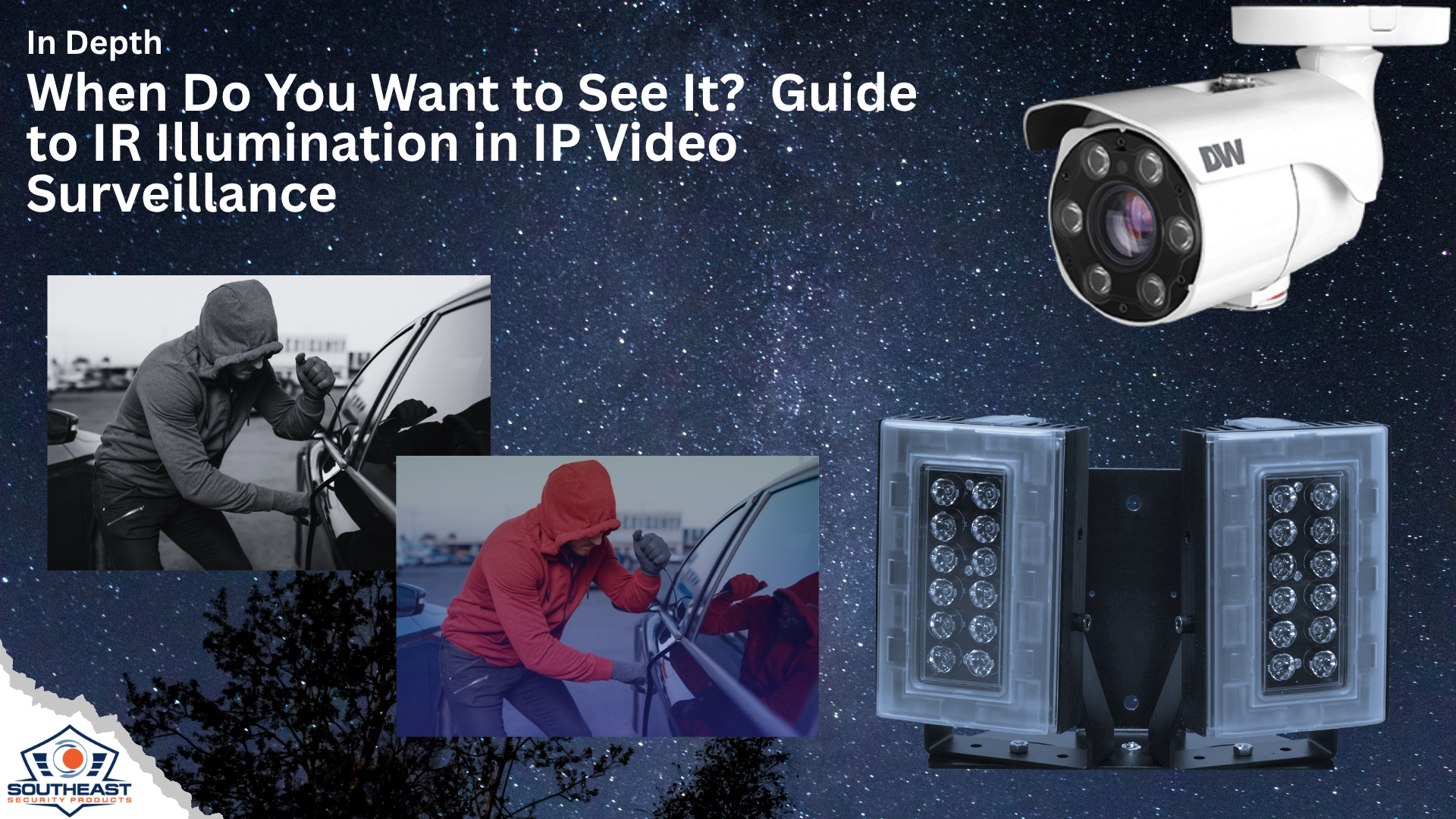 IR illumination guide for IP video surveillance showing night security camera, external IR illuminators, and thief at vehicle
