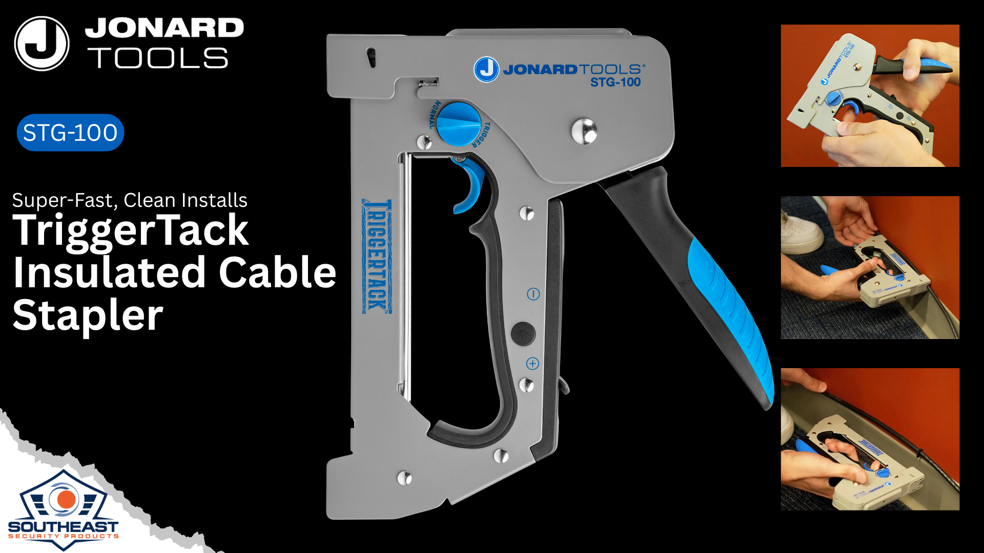 Jonard Tools TriggerTack STG-100 stapler securing coax cable to wood surface