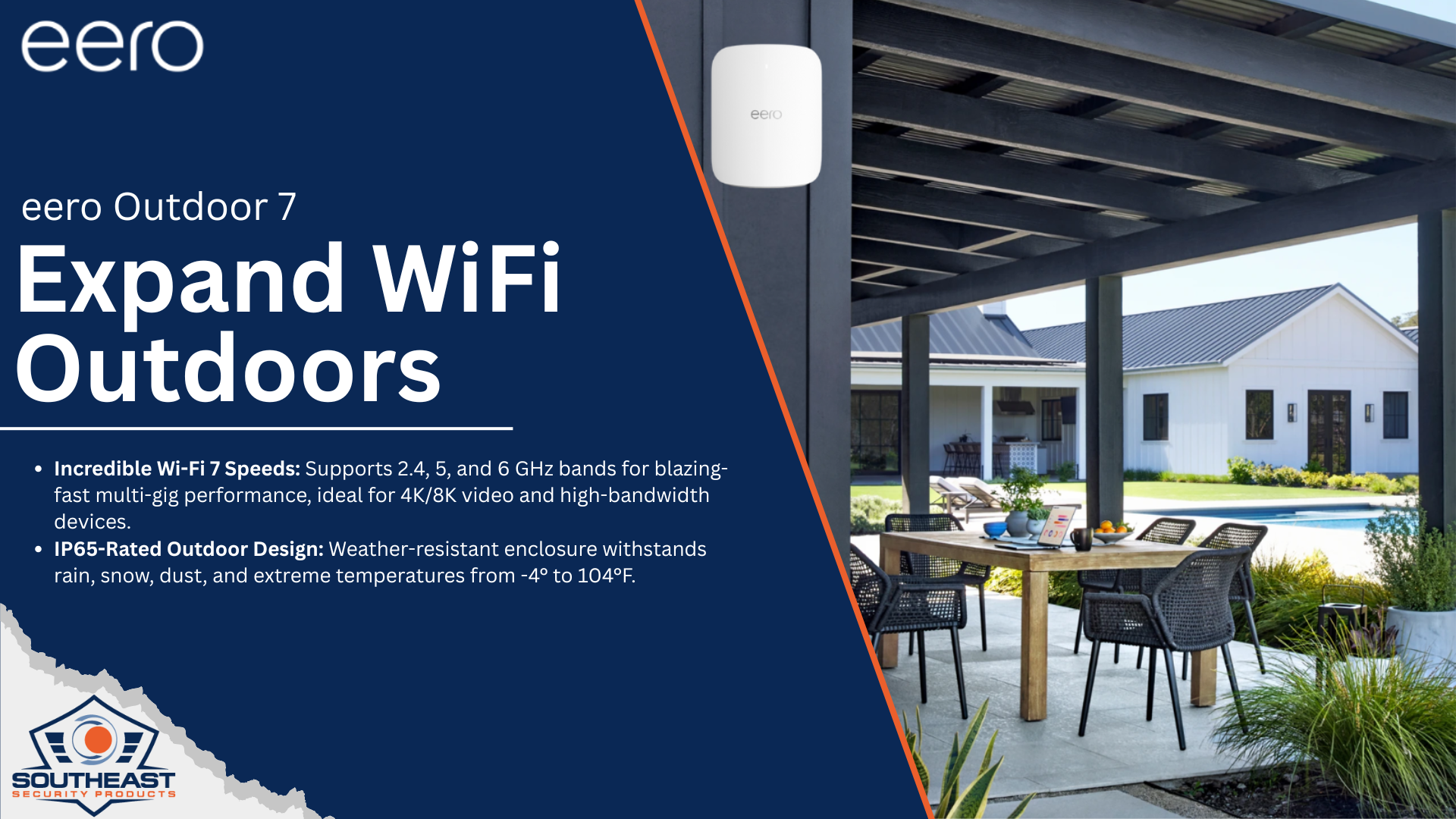 eero Outdoor 7 expanding WiFi coverage to an outdoor patio area with a weatherproof mounted unit